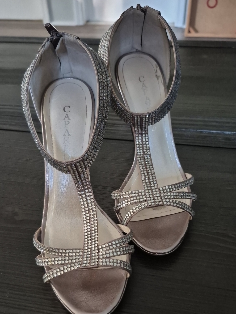 Caparros Silver Rhinestone T-Strap Heels